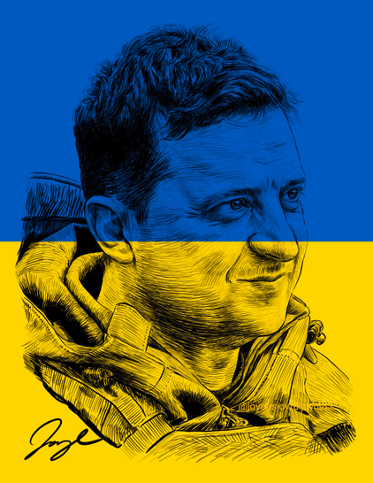 Drawing of President Zelenskyy looking to the right with the artist's signature on the bottom left. The artist's @joyousjoyfuljoyness watermark is on the right. The background is the Ukrainian flag.