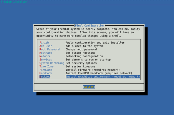A screenshot of the FreeBSD Installer on a blue background. The main focus is the 'Final Configuration' window with a list of system configuration options. The option 'Desktop' is highlighted, indicating the choice to install a graphical environment.