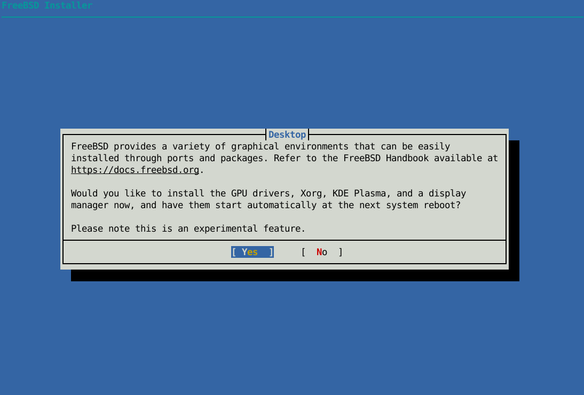 Text-based FreeBSD installer dialog prompting the user to install GPU drivers, Xorg, KDE Plasma, and a display manager. The message notes that this is an experimental feature. Two options, “Yes” and “No,” are shown, with “Yes” currently selected.