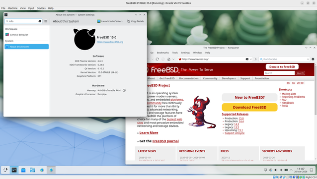 Screenshot of a FreeBSD 15.0 system running inside a VirtualBox virtual machine with the KDE Plasma desktop environment. In the foreground, the “About this System” settings window displays software and hardware information, including KDE Plasma version, Qt version, kernel version, and available memory. In the background, a web browser window is open on the FreeBSD official website.
