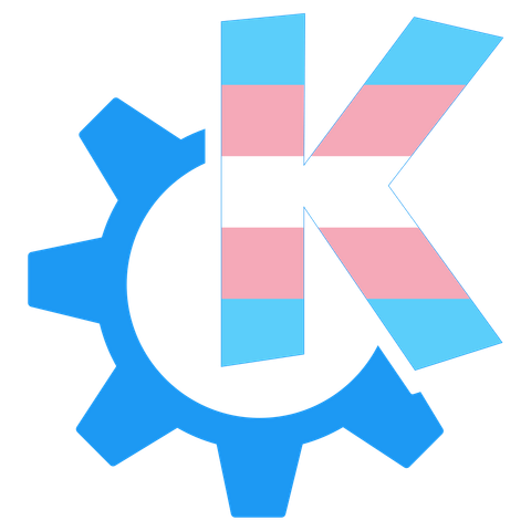 A fabulous new twist on KDE's logo, with the "K" filled in with the trans community colour.