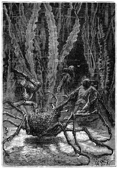 On the ocean floor, three deep-sea divers are threatened by a gigantic spider crab, while tall seaweed can be seen in the background.