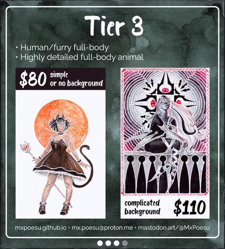 Tier 3

• Human/furry full-body
• Highly detailed full-body animal

Simple or no background — $80
Complicated background — $110
