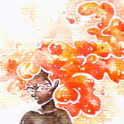 A person with vivid orange hair rising up like smoke