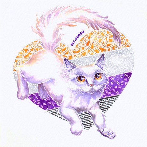 Watercolour drawing of a running white cat with golden eyes. In the background there's a heart in the colours of the nonbinary Pride flag (yellow, white, purple, black). Each stripe has its unique ornament.