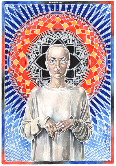 Portrait in watercolours with a white outline. At the front there's a bald person in a white sweatshirt, looking straight ahead. They have autistic 'raptor hands'. On the background there's a mandala in colours of the polyamorous flag (blue, red, & black).