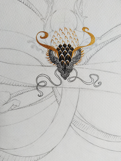 A work in progress. Chinese-like dragon that has black scales with golden rim 