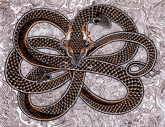 Snake-like black dragon, her scales have golden edges.