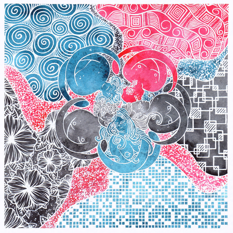 Waterclour drawing in the colours of the polyamorous pride flag (blue, red, and black). There're five persons holding hands, and they're diverse in their gender expression, body type, hair, ethnicity, etc.