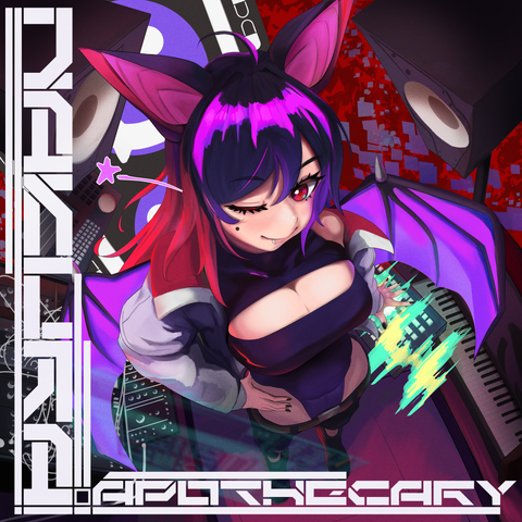 The cover art of my Apothecary EP. The artwork is of a kemonomimi bat girl in cyberpunk style clothing standing in the middle, she is winking at the viewer. Around her are various pieces of music equipment. Along the left side is heavily stylized text going top to bottom that reads "Nakura". Along the bottom is heavily stylized text that reads "Apothecary".