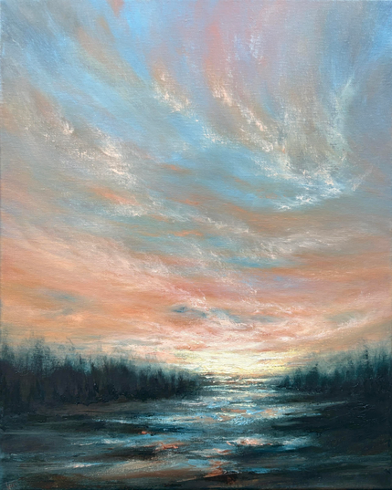 Original landscape oil painting by Tisha Mark, "With Light, We'll See It Through" 20"x16" oil on linen (2025). A loosely painted landscape with a dark, tree-lined body of water underneath a brilliant orange-toned sunrise sky. Light from the sky is reflected in the water below.