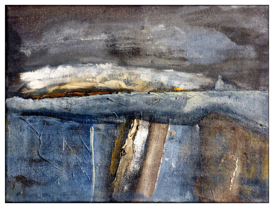 A colour photograph of an abstract landscape painting showing a band of squally cloud passing over land with a glimmer of dusky sun as it approaches a single white house. The colour palette is largely browns and blues.