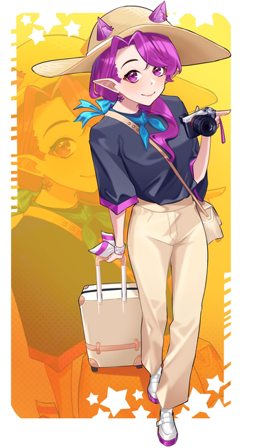 A young, stylized character with purple hair and pointed ears is wearing a wide-brimmed hat and a dark top with a blue scarf. She holds a camera in one hand and a wheeled suitcase in the other, standing against a bright orange background.