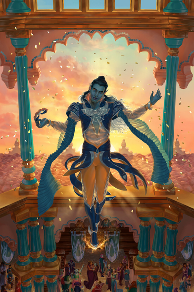 Full body illustration of Dorian Storm from Critical Role. It shows a scene from the masquerade ball episode, but Dorian is wearing an outfit he actually wanted to wear but didn't get to in the episode. He is floating above the ballroom, almost bowing and with the mask daintily held aside, as golden confetti fly around him. He's looking at the viewer with a warm smile, clearly delighted by having the chance to dress up nice.