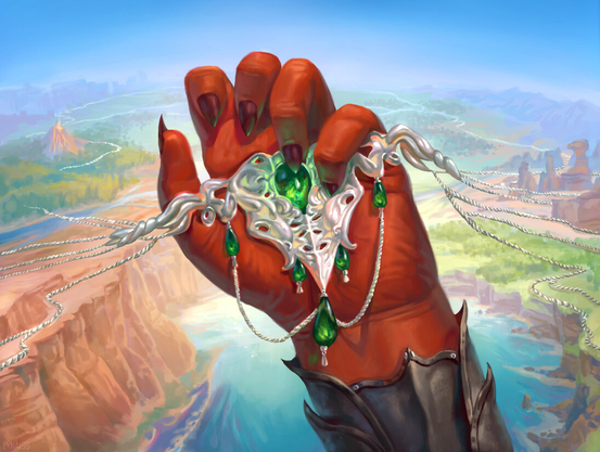 Illustration depicting an item called Kiss of the Changebringer from Critical Role campaign guide. It shows Asmodeus' clawed hand holding an elaborate pendant of a necklace. His hold is dainty, but there is something ever slightly menacing about it. The necklace, Kiss of the Changbringer, is an elaborate piece of silver with emeralds set within it. The largest hums and glows with possibility. The chains of the necklace are spilling out into the immense landscape beyond, weaving through it like paths.