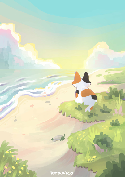 Illustration of a calico cat on the beach