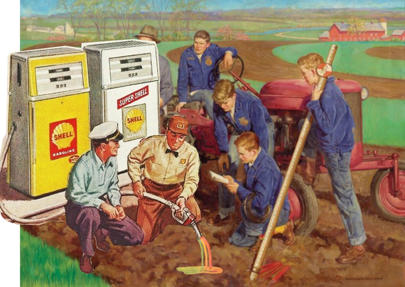 a digital collage showing 1960s-style illustrations of a shell employee pouring gasoline directly onto a farm, with a bunch of cleancut farm boys crowded around him and watching.