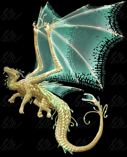 Creature Concept: Starlight Dragon (gold version)

Digital concept art of a gold-scaled dragon in flight, facing left relative to the POV. Its horns are curved and black, but short in length, and its eyes are deep purple.

Viking-style rune scars are engraved on its knuckles, wings, and tail. Similar runes also make up the fading edges of its magical glowing wings and fins, which are pale cyan in color.

Thin tendrils, the same color as the dragon's scales, sprout from multiple regions of its body, including the top of the head, chin, neck, elbows, tail, shoulders, and wing tips. Each tendril is tipped with a small jewel-like orb that matches the cyan wings in color. These also glow with a slight bioluminescence.

Art by @Sarah_Draws.