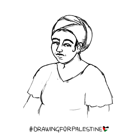 Digital black and white sketch of Tuy, a character I drew based on a description. It's a bust portrait painting, depicting the character's head, shoulders and chest.

Her face is round, her skin brown and her hair is on a turban or similar headpiece, I drew some small strands of dark hair peeking out. She is shy and doesn't smile much. She wears wavy, loose, short sleeved dress (not fully visible because the drawing ends below the chest).


Under the illustration: #DrawingForPalestine and a heart with the colors of the Palestinian flag.