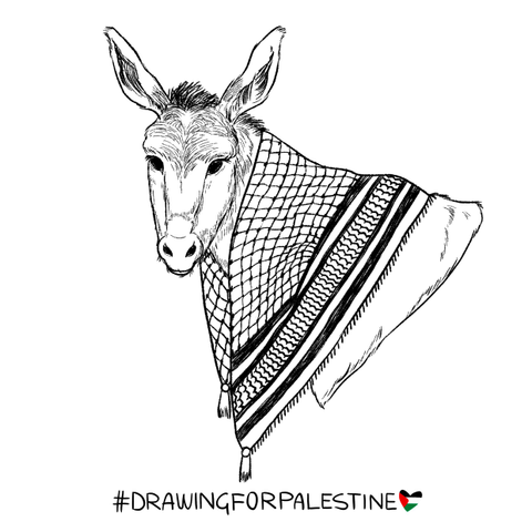 Digital black sketch over a plain white background, of a donkey wearing a folded palestinian kufiya over the neck. 

The donkey is depicted in a simple but realistic style, with some strokes resembling fur texture, making the animal feel very soft and fluffy. It has big, dark eyes, giving the viewer a sweet gaze.

Under the illustration: #DrawingForPalestine and a heart with the colors of the Palestinian flag.