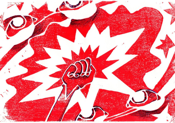 Scan of a linoleum print, I used red paint over a white paper. Some places are darker because I retouched it with a pen. The style is simple, a bit cartoony, and the red and white areas are well balanced.

It depicts a raising fist, in the middle of the composition. A zig zag pattern surrounding around the arm and hand focus this main point of interest. It makes the impression that the hand is glowing. The zig zag then becomes more rounded, framing the central scene. 

In the bottom right, two eyes look up at the hand, their gaze fusing with the graphical patterns, as they were shining too.

Another pair of eyes look outside the frame in the top left corner. There are also some stars in the margins of the composition.