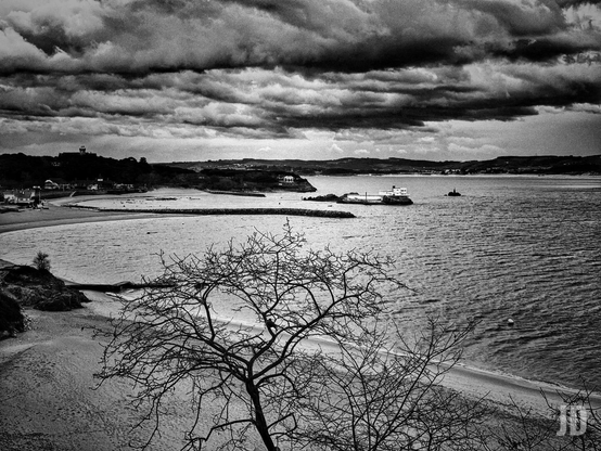 La imagen muestra una playa desierta en un día nublado, con un árbol sin hojas en primer plano. El mar está tranquilo y se extiende hacia un pequeño puerto o embarcadero con algunas construcciones. Al fondo, se distinguen colinas y un cielo dramático cubierto de nubes oscuras. La fotografía está en blanco y negro, lo que acentúa el contraste y la atmósfera melancólica del paisaje.