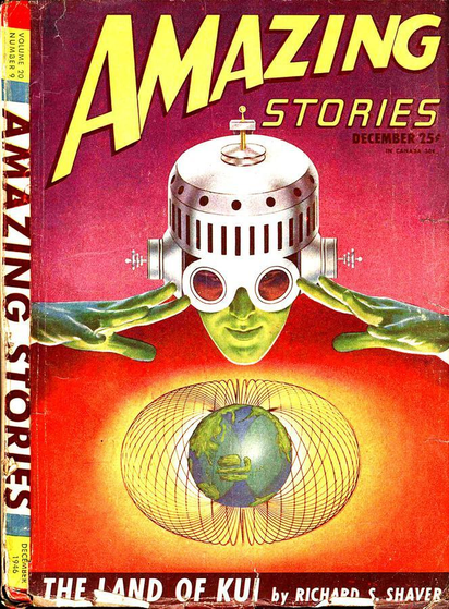 Against a bright red/orange background, a head in a futuristic helmet, with two hands reaching in from outside the image, all with bright green skin, appear to be controlling or affecting the earth, which is seen below surrounded by lines apparently indicating its magnetic field.
Amazing Stories magazine cover from 1946.
