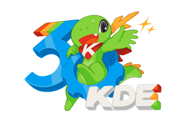 Konqi, the KDE dragon, says hello from inside a gear.