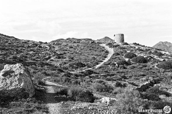 A winding path leads through a rugged landscape, featuring rocky terrain and sparse vegetation, with an abandoned windmill perched on a hill in the distance, set against a monochromatic sky.