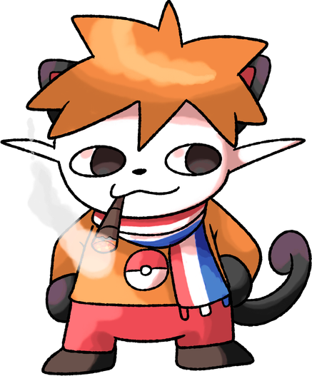 anthro white cat with black ears, paws and tail, orange spiky hair and dutch scarf puffing a fat dart chilling in the void. wears orange pokemon sweater and red pant