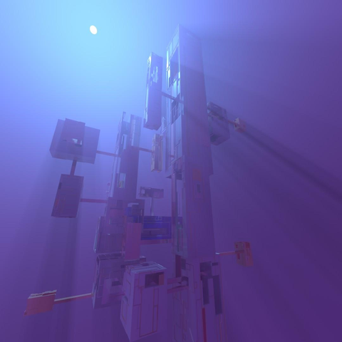 A blue sun shines behind towering boxy structures floating in space. The structures cast dark shadows on the purple atmosphere.
A large voxel world generated procedurally and rendered in Avoyd Voxel Editor.
