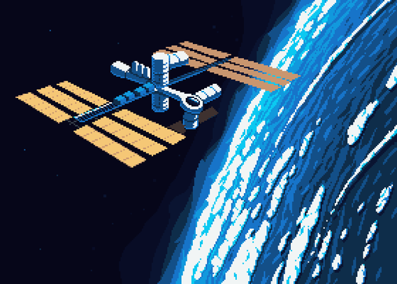 Pixel art painting of a space station (somewhat like the ISS) in orbit around a planet.