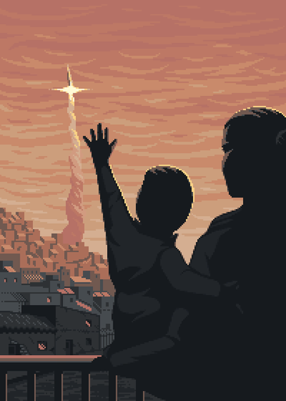 Pixel art painting of a young boy in his mother's arms, reaching towards a recently launched rocket in the distance.