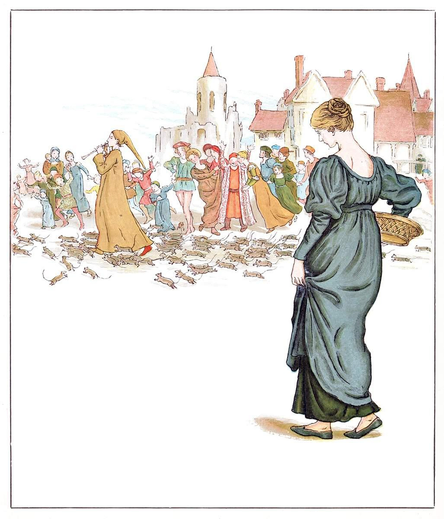 A woman carrying a basket watches as a robed piper in a pointed hat leads a swarm of rats away from a medieval city, with a colorful crowd following closely behind.