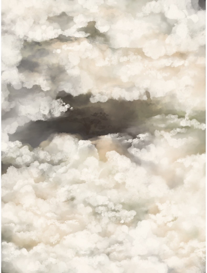 A painting of stormy clouds from the sunlight side. 