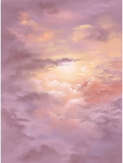 A painting of a pastel, partly cloudy sky with a hazy sun behind the clouds.