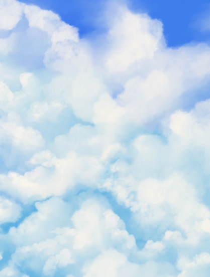 A painting of a blue sky and huge fluffy clouds.