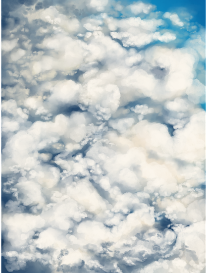 White fluffy clouds against a bright blue sliver of sky in the upper right. 