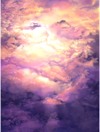 Pastel clouds lit from behind. The light is intense in the middle and dissolves into peach and purple farther away from the middle. My friends say there's a bear face here.