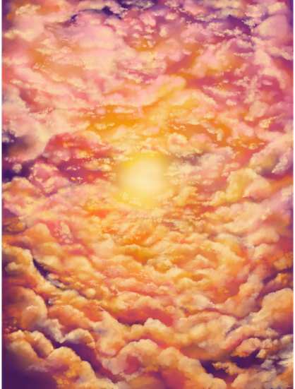 Intensely sunset coloured clouds with a bright yellow sun in the middle. It's lighted as if you're in the middle of the clouds looking towards the sun.