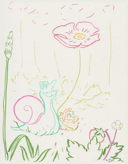 Cartoon of a happy snail picking strawberries and a flower - the strawberries are as big as apples in comparison to them, and the flower is like a large parasol.
