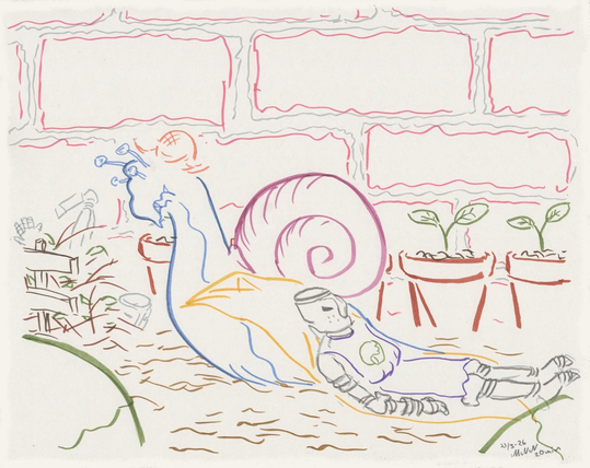 A gardening snail pulling spring's first garden knight to the compost.