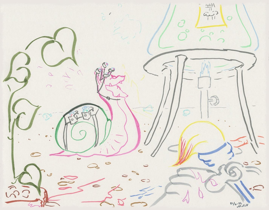 Colour line art of a snail with snail goggles laughing madly at a mysterious liquid boiling on a giant tripod - or maybe a normal sized lab tripod since snails are quite small.