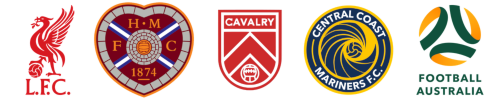Team crests for Liverpool FC, Heart of Midlothian, Cavalry FC, Central Coast Mariners and Football Australia (Socceroos & Matildas). 