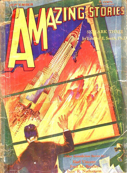 A figure stands at a window, looking out at fire engulfing buildings including the Chrysler building. The man and window are slanted to the left and the buildings slanted to the right, making it impossible to know which way is up.
Amazing Stories magazine cover from 1930.
