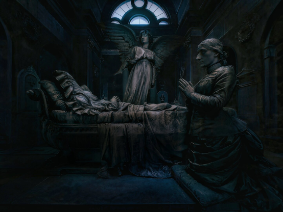This photo is of a monument in La Certosa Cemetary Bologna. It is a somber scene featuring a group of dark, bronze-coloured statues within a dimly lit interior (the statues are originally marble). On the left, a figure lies reclined on an ornate, ruffled bed. To the right, a woman in Victorian-style attire kneels on a cushion with her hands pressed together in prayer. Standing between them in the background is a large, winged angel that watches over the figures.