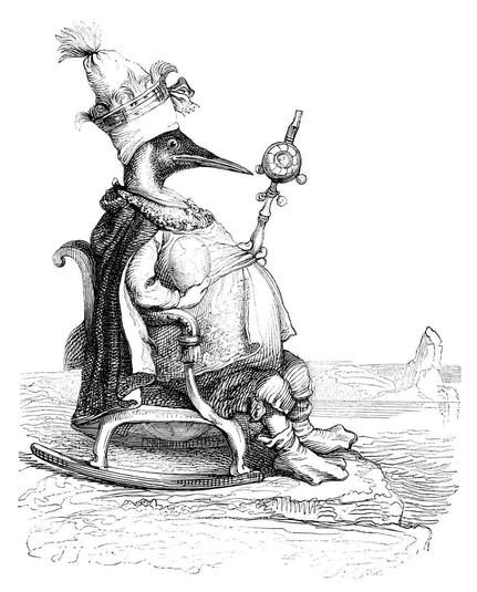 An auk, wearing a tiara of sorts and holding a scepter in one hand and an egg in the other, sits upon a throne at the edge of an ice field.