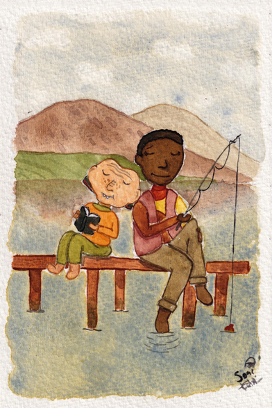 Watercolour illustration of Nog and Jake Deep Space Nine. They’re sitting on a dock in a picturesque calm lake on a beautiful day. Jake is fishing and Nog is reading a book.