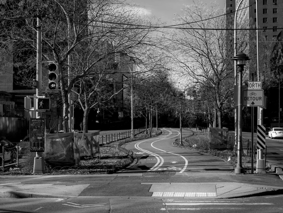 Black and white photo of a paved bike path in the median of a road curving in the scene