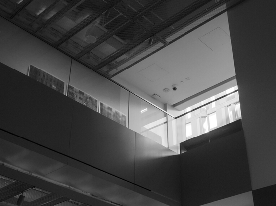 Looking up around a corner in a modern art gallery